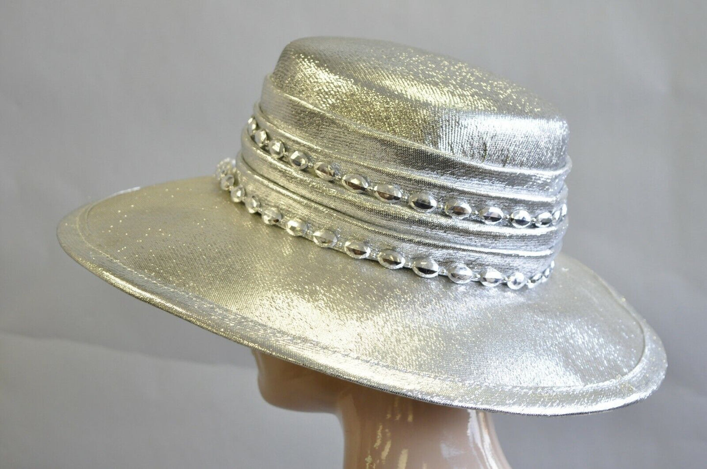 Vintage Mr. John Classic Metallic Silver Church Derby Wide Brim Hat with Feather