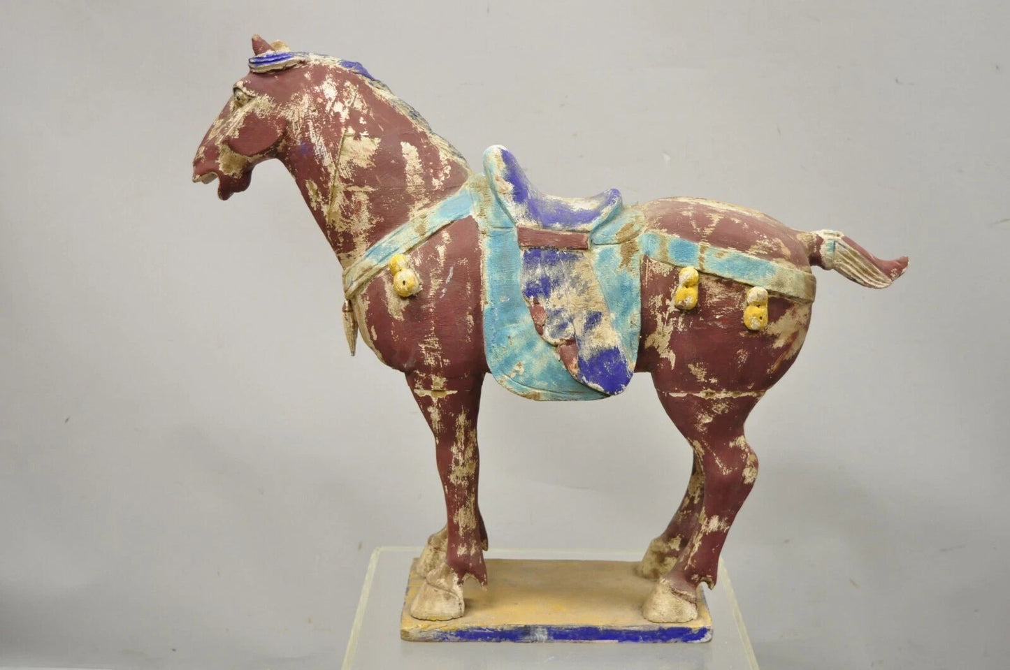 Chinese Polychrome Wooden Carved Wood 29" Tang Horse Sculpture Statue Red Figure