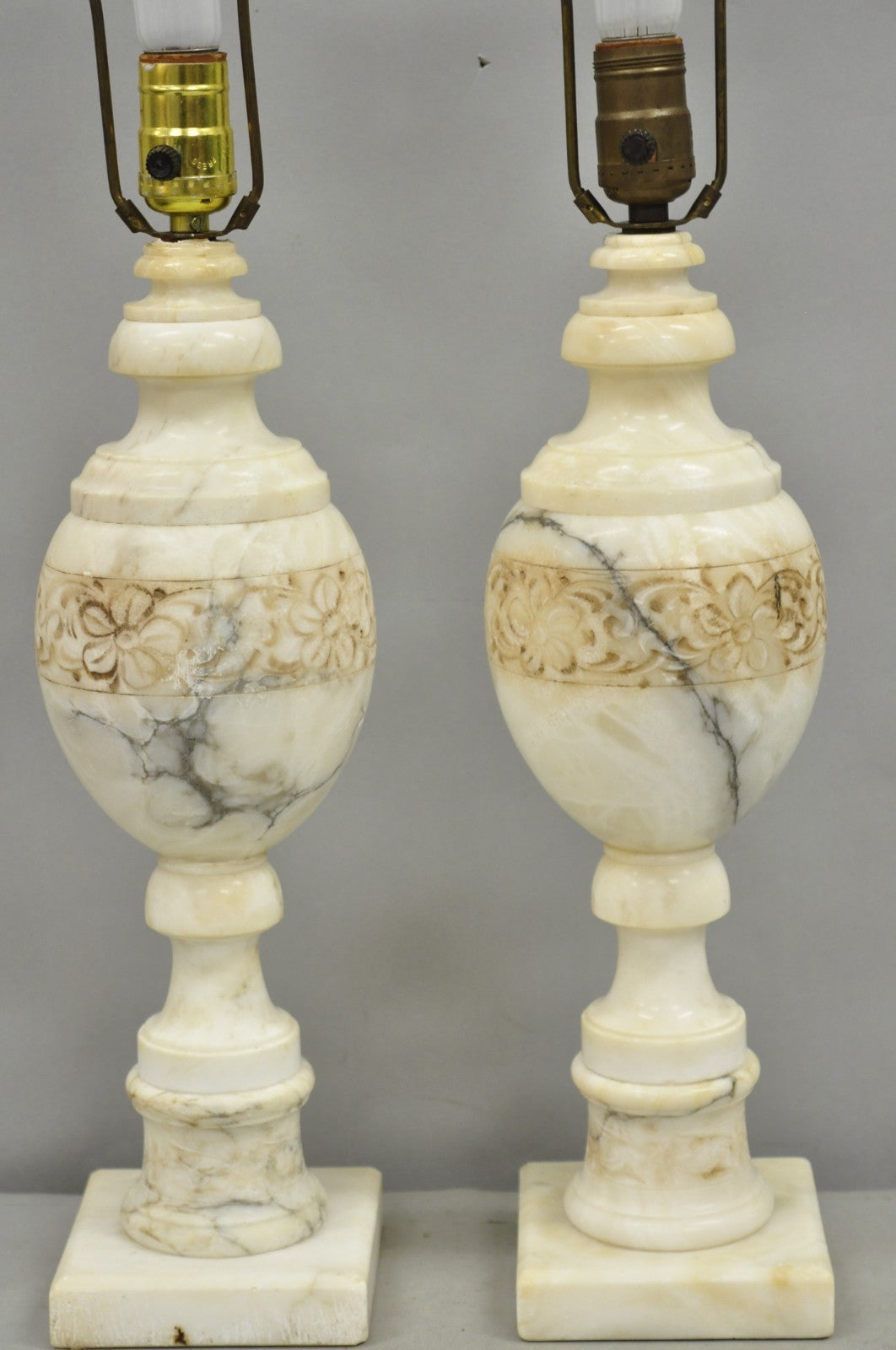 Vintage Italian Neoclassical Style Carved White Marble Urn Table Lamps - a Pair