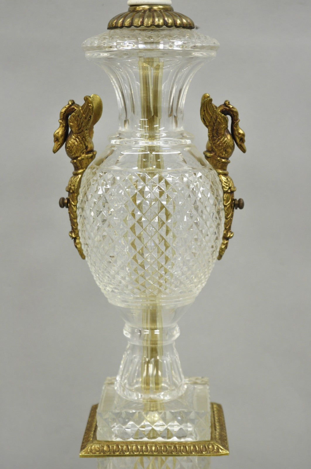 French Empire Regency Baccarat Style Glass Crystal Urn Table Lamp w/ Brass Swans