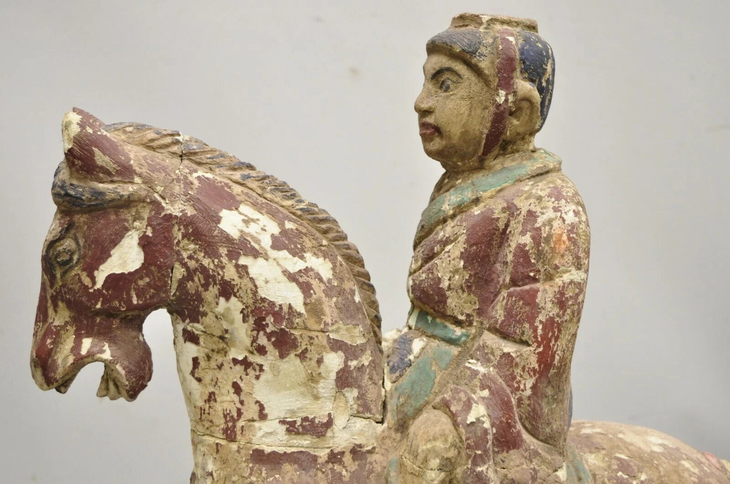 Chinese Polychrome Carved Wood Tang Horse and Rider Statue Sculpture