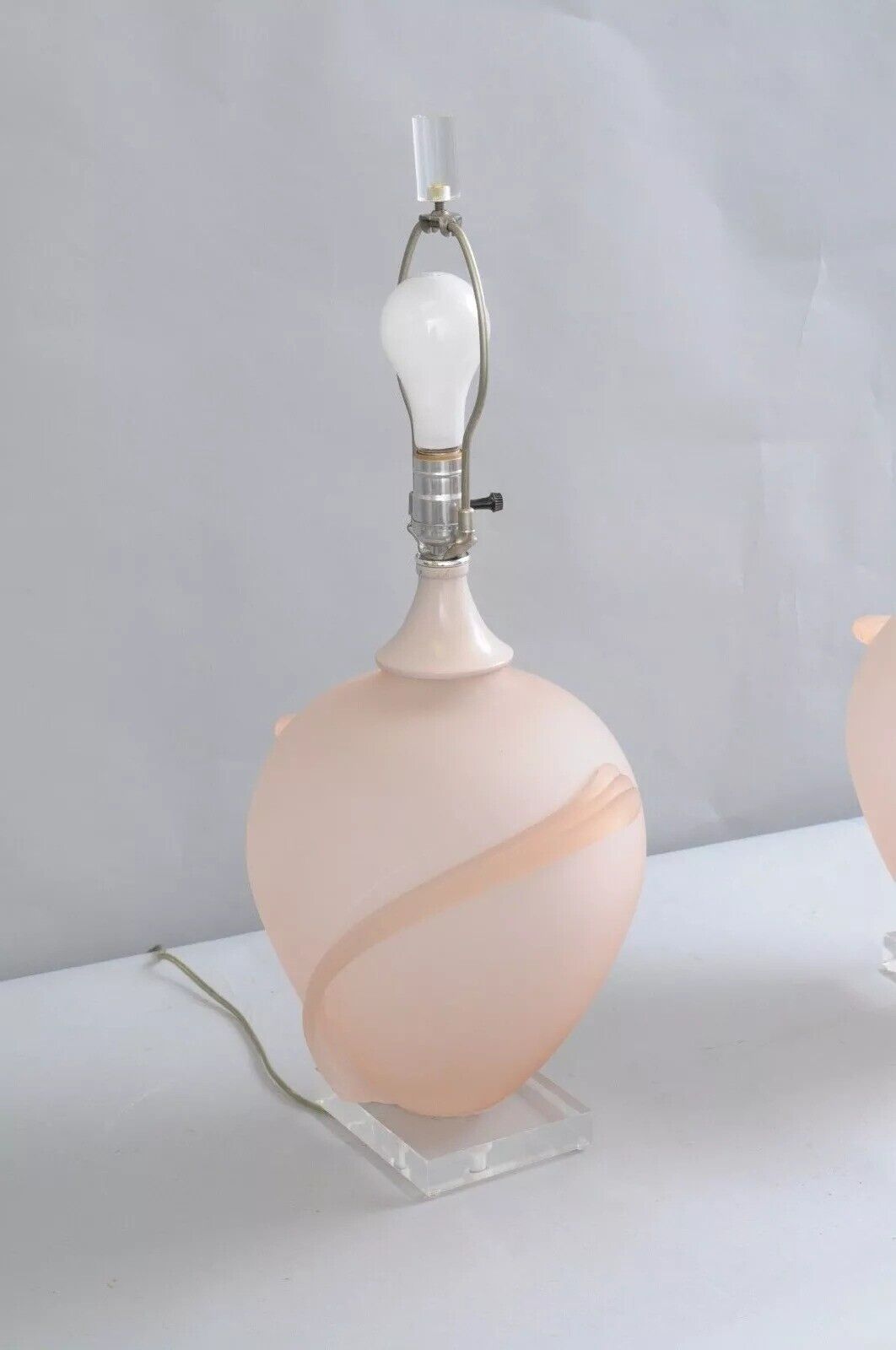Hollywood Regency Pink Satin Frosted Glass Table Lamps w/ Lucite Base - a Pair
