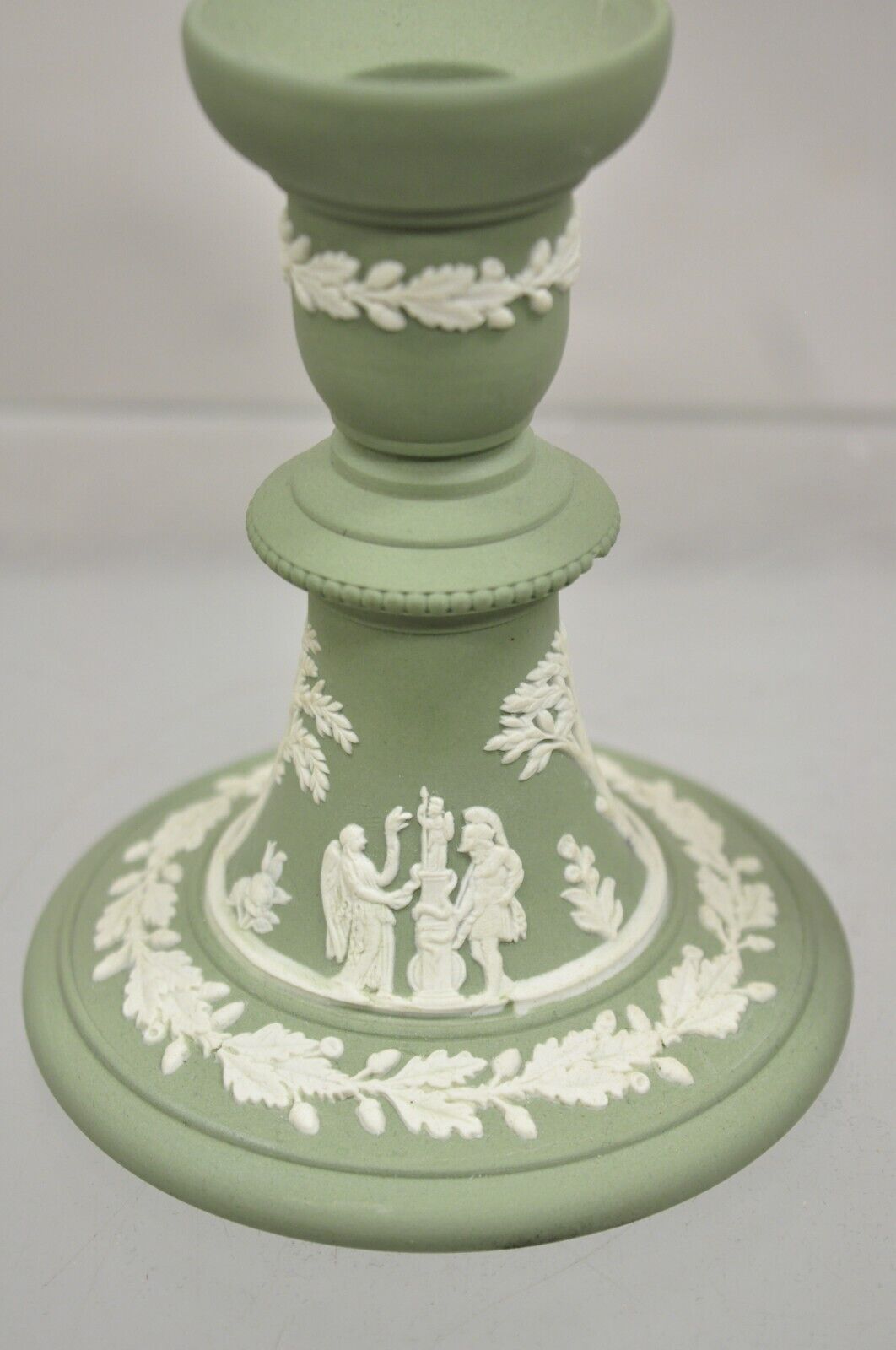Wedgwood Green Jasperware White Cameo 5" Single Candlestick Holder - a Pair