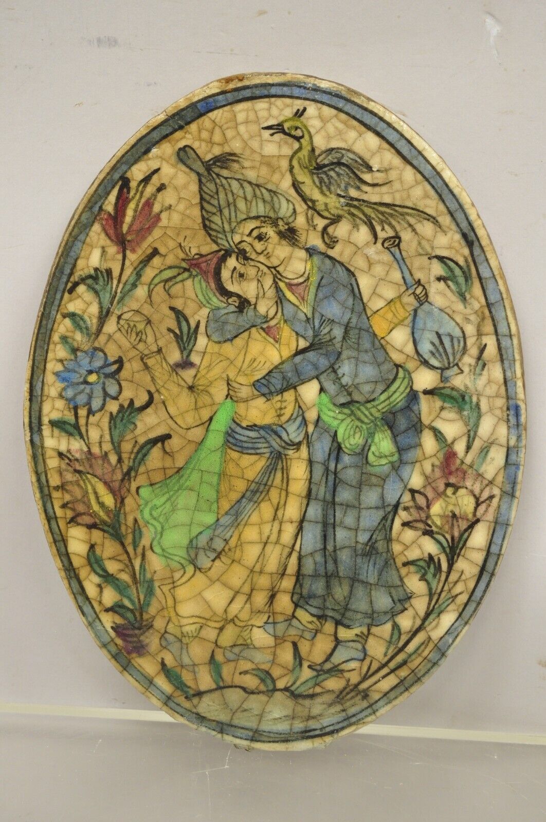 Antique Persian Iznik Qajar Style Oval Ceramic Pottery Tile Loving Embrace C2