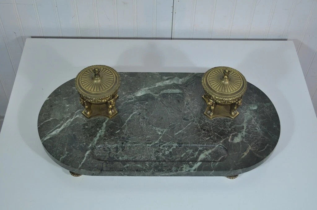 Antique French Empire Figural Bronze Sphinx Green Marble Desk Top Double Inkwell