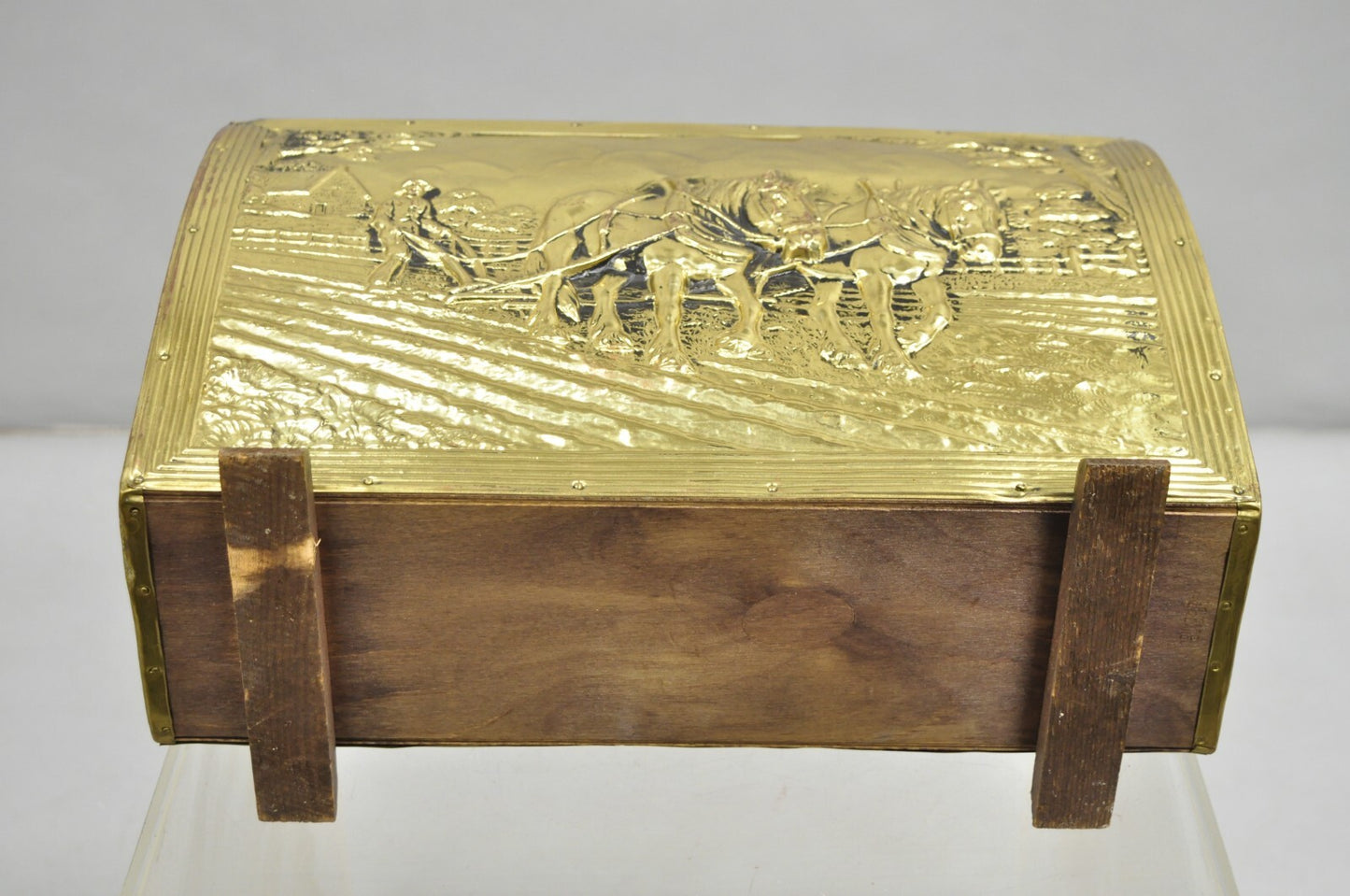 English Colonial Embossed Brass Farmer Horse-Drawn Plow Magazine Rack Holder