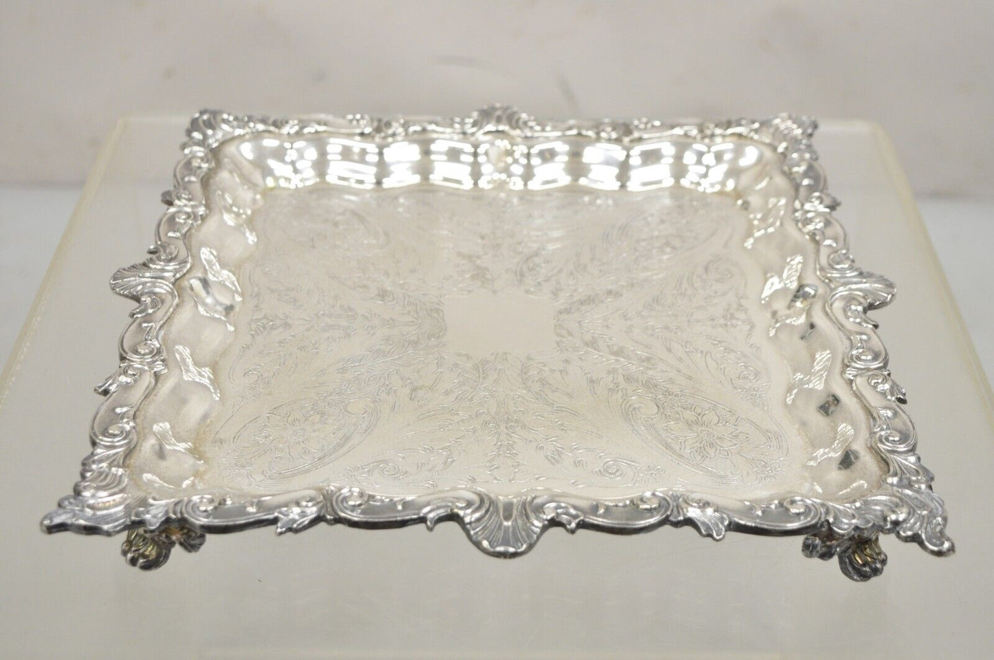 Vintage Birmingham Victorian Style Silver Plated Ornate Square Platter Tray