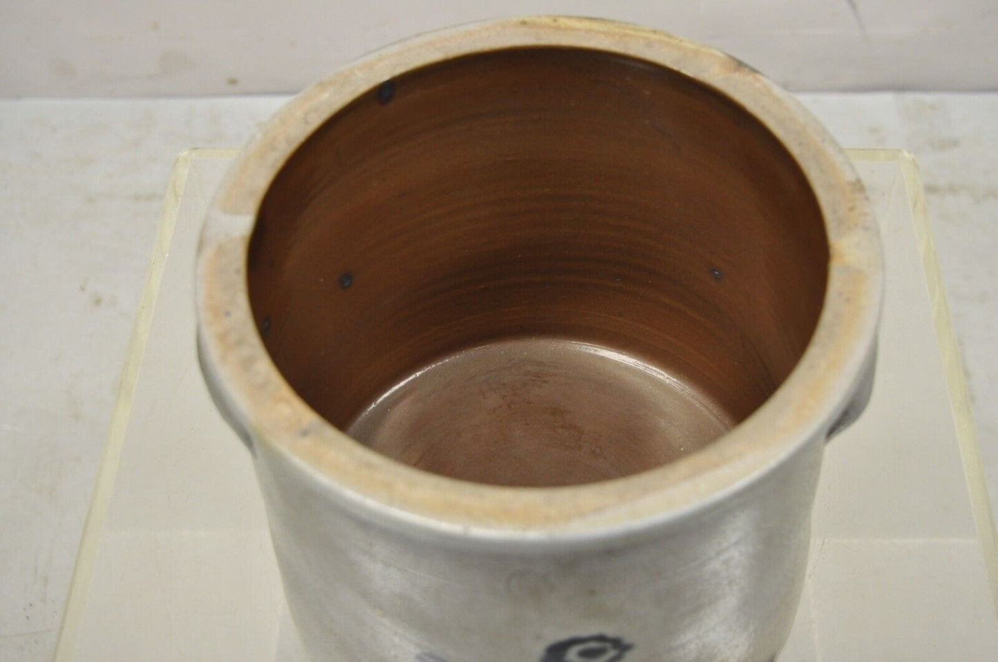 Antique Stoneware Salt Glazed 9" Round Pottery Crock Pot with Blue Flower