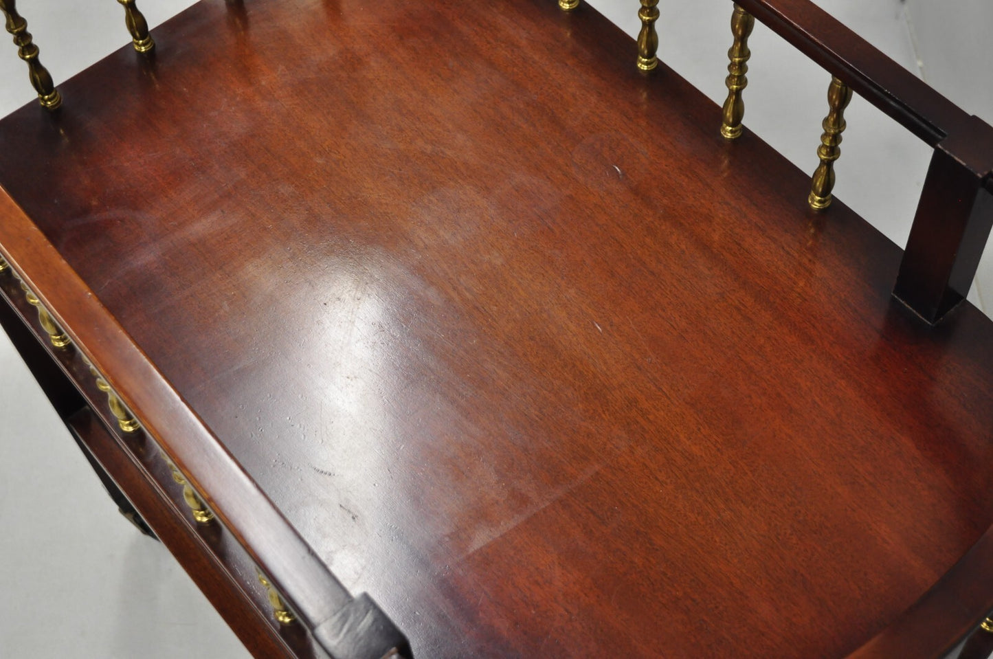 Vintage French Regency Mahogany 2 Tier Brass Gallery Rolling Bar Cart Server