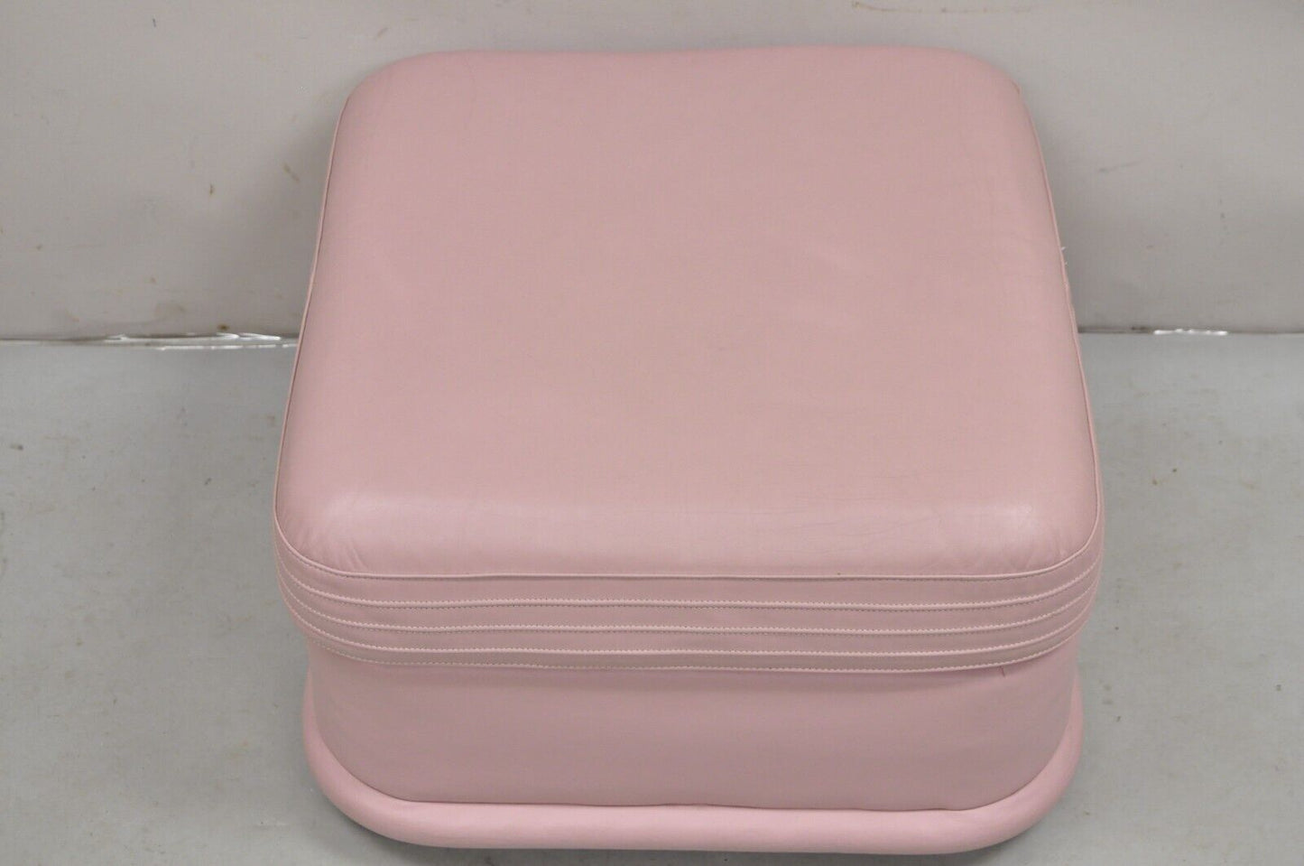 Vintage Post Modern Emerson Leather Bubblegum Pink Stitched Square Ottoman Stool