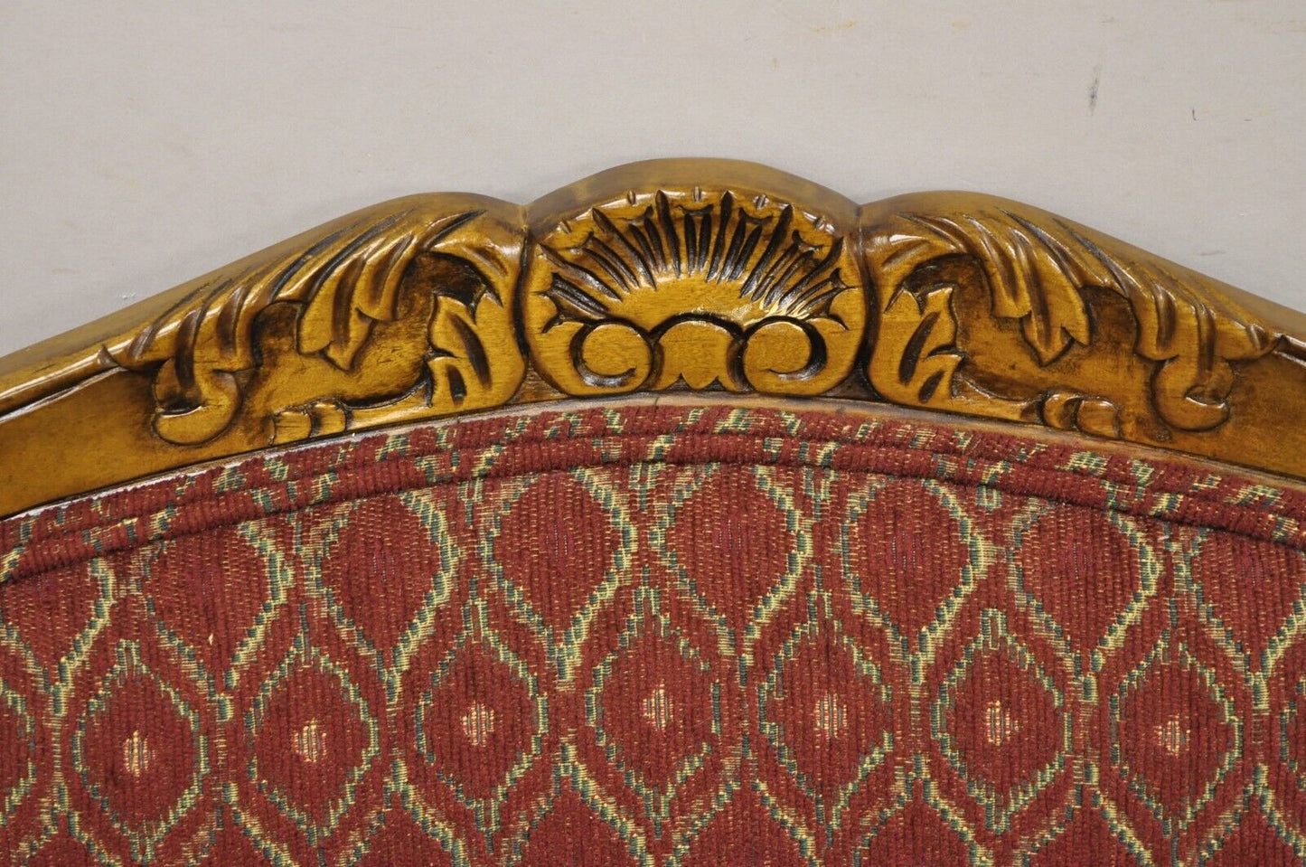 French Country Style Shell Carved Wood Burgundy Upholstered Lounge Chairs - Pair