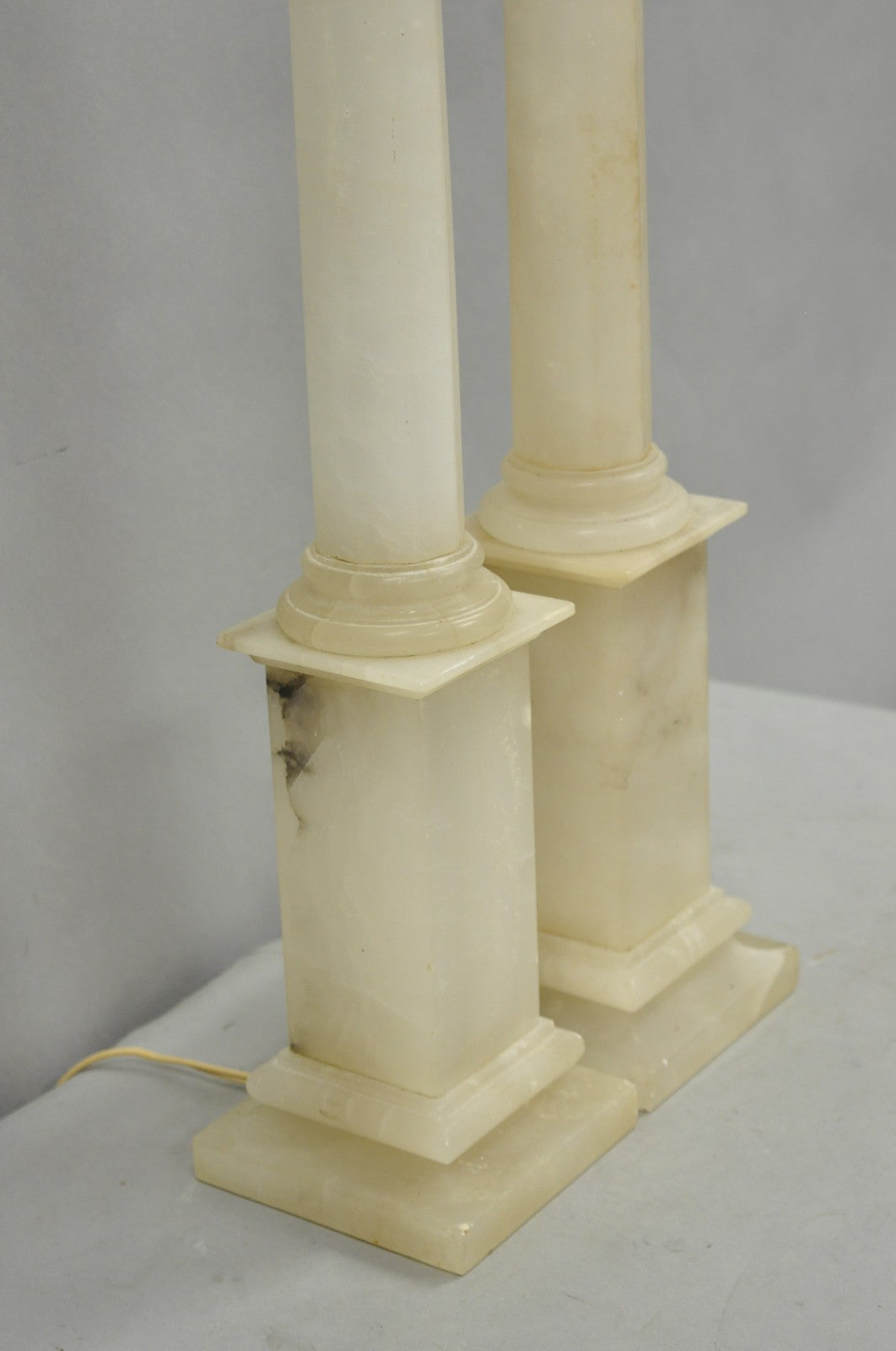 Vintage French Empire Italian Carved Alabaster Column Table Lamps - a Pair