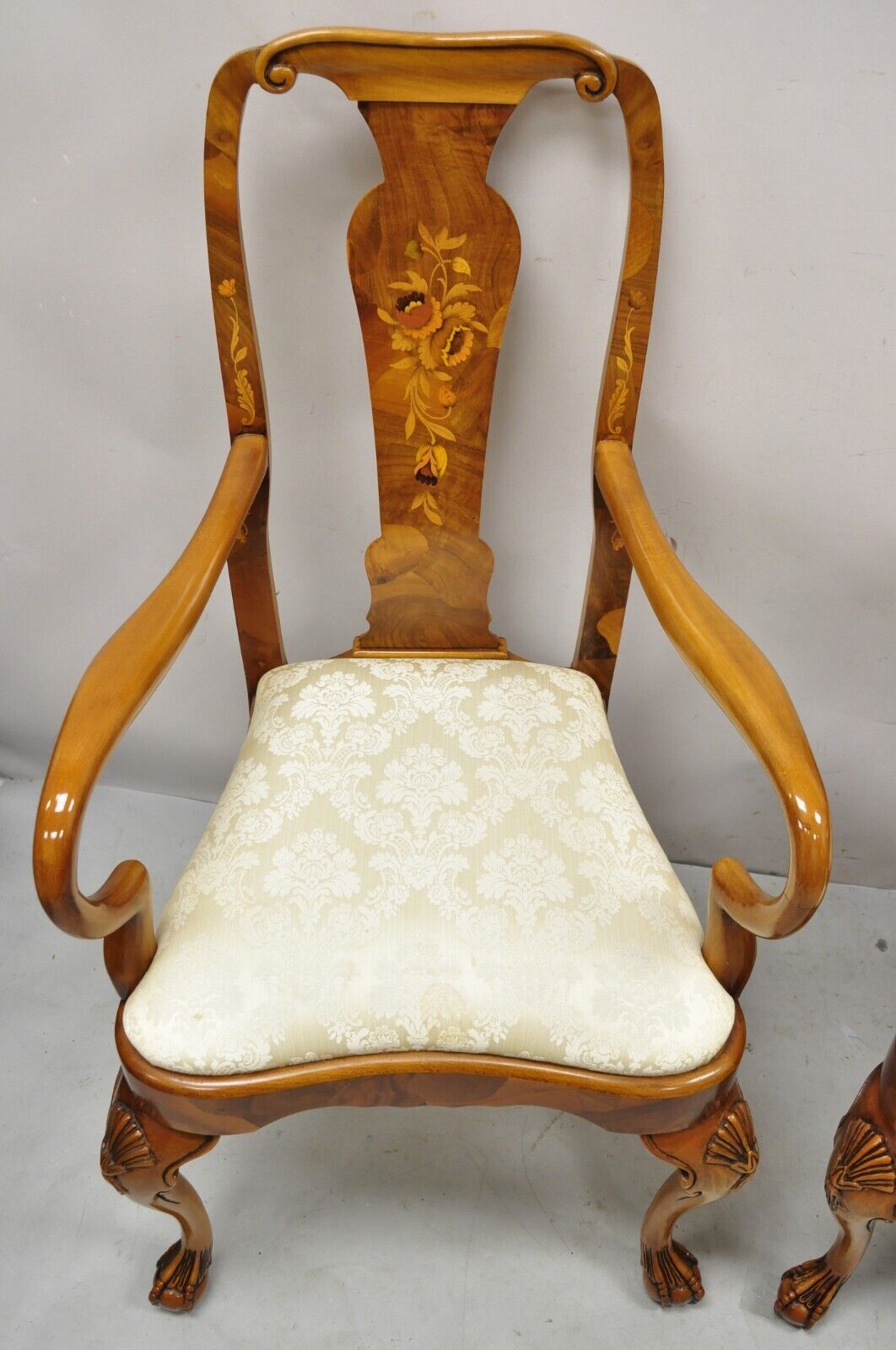 Vintage Queen Anne Style Italian Burl Patchwork Floral Inlay Arm Chairs - a Pair