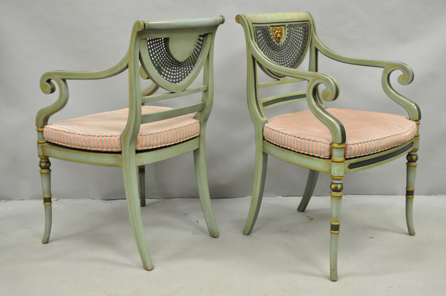 Smith & Watson Regency Adams Style Green Painted Cane Arm Chairs - a Pair