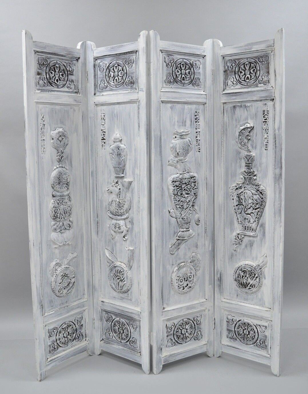 Boho Chic Oriental 4 Panel Screen White Distress Painted Wooden Room Divider