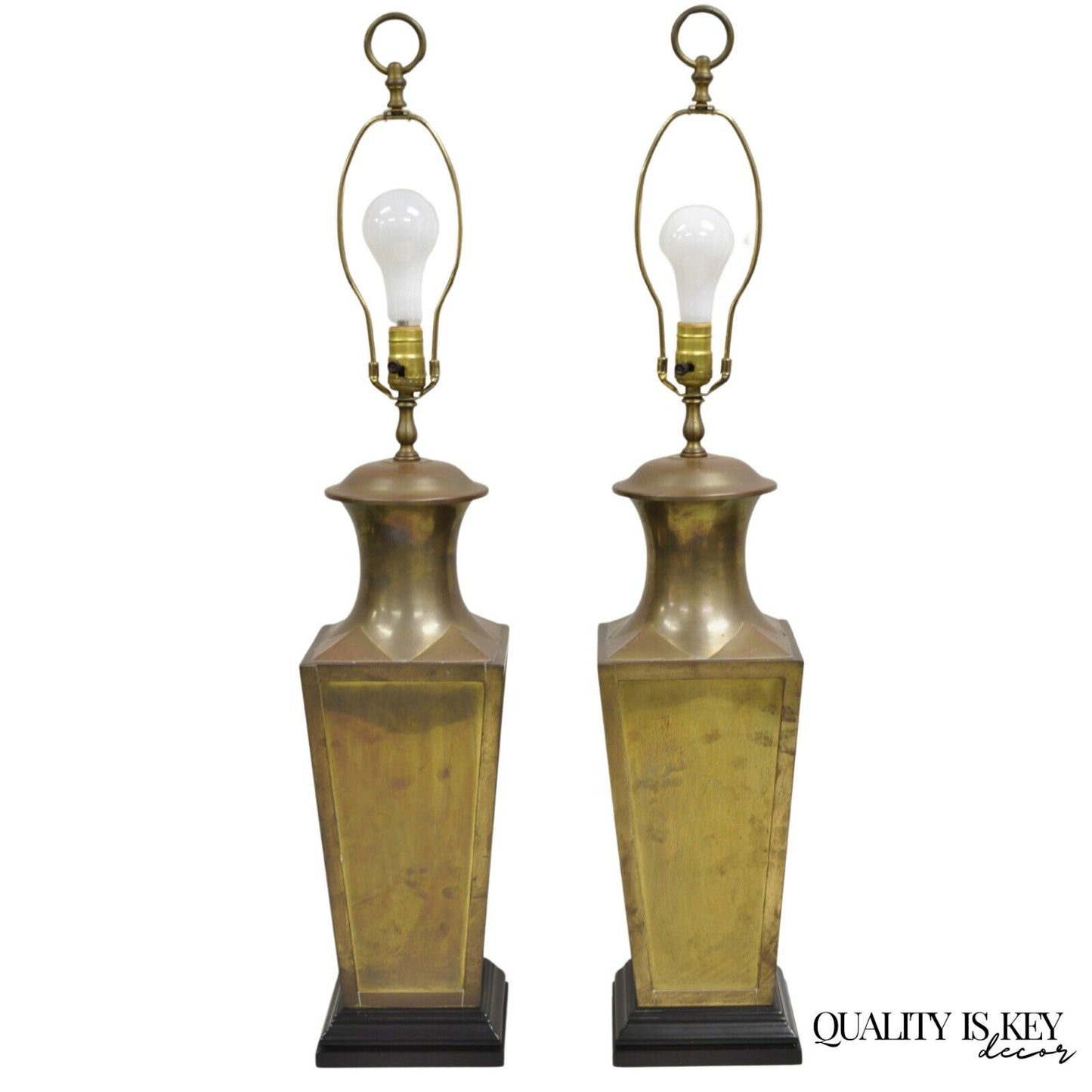 Chinoiserie Patinated Brass Square Jardiniere Table Lamp by Wildwood - a Pair
