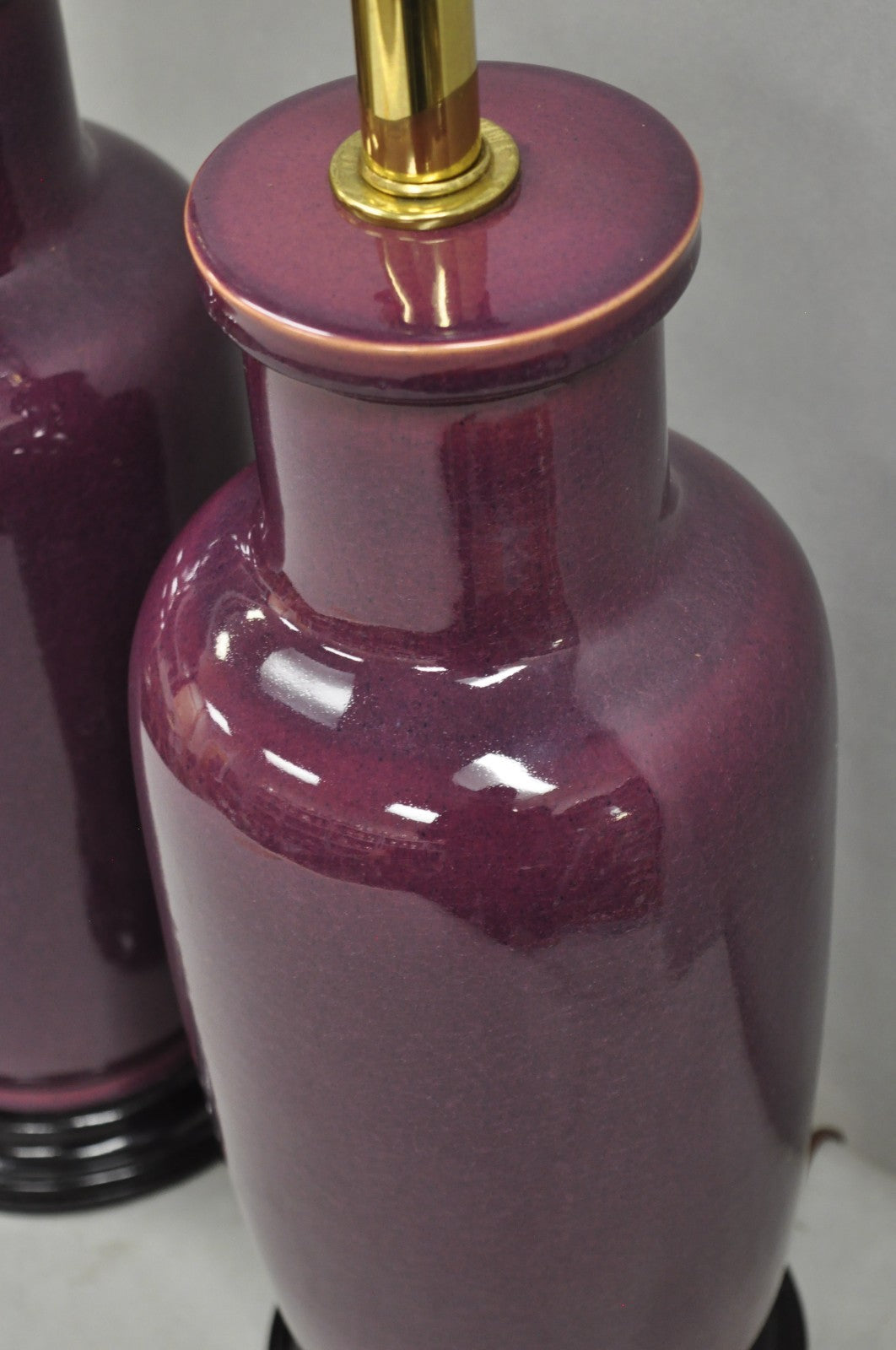 Vintage Chinoiserie Plum Purple Ceramic Porcelain Jardiniere Table Lamps - Pair
