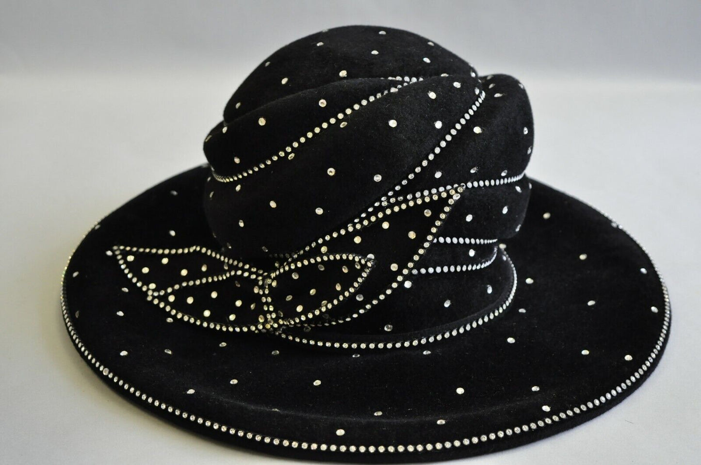 Vintage Makins New York Black Rhinestone Bow Wide Brim Church Derby Ladies Hat