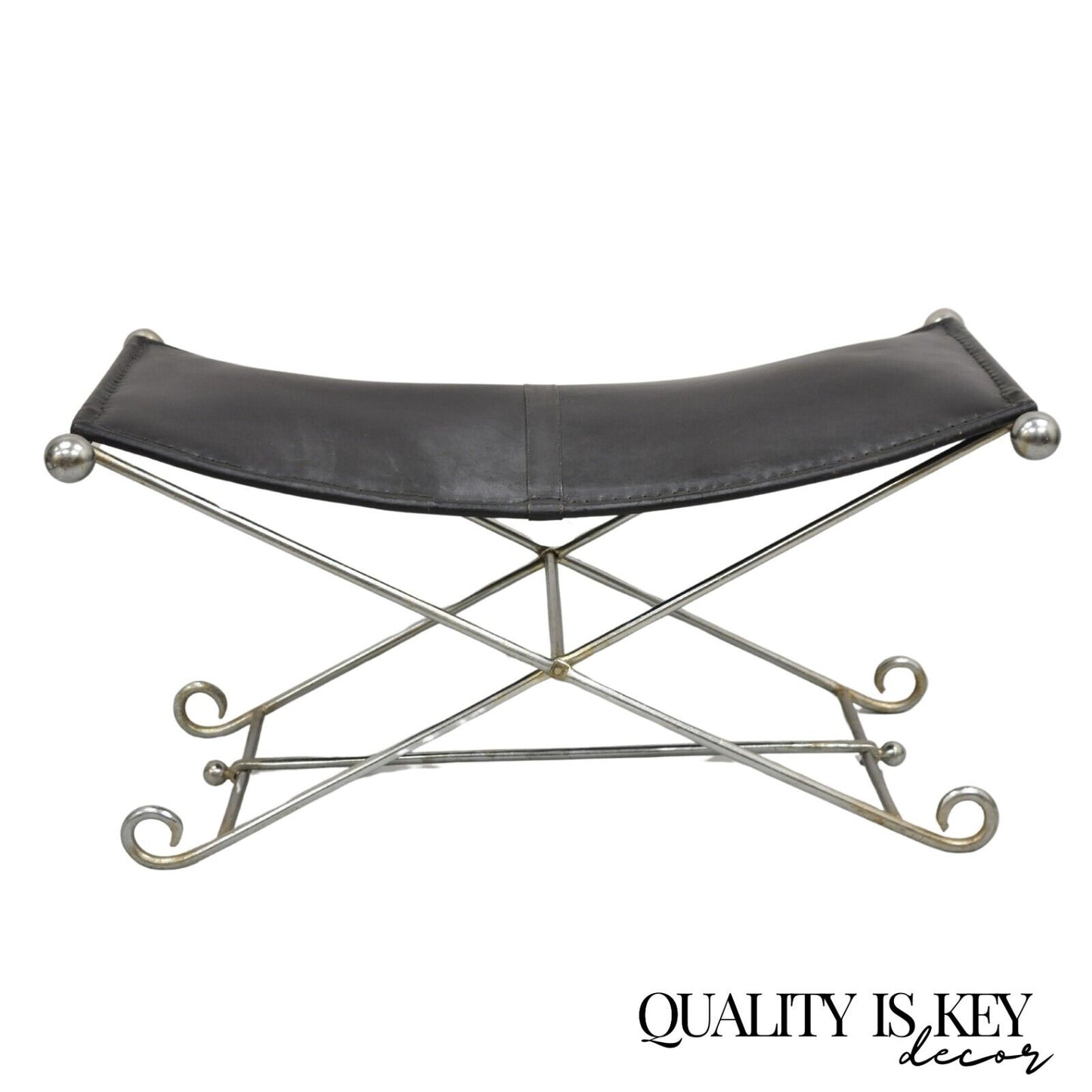 Modern Regency Style Folding Iron Metal Bench w/ Black Saddle Leather Seat