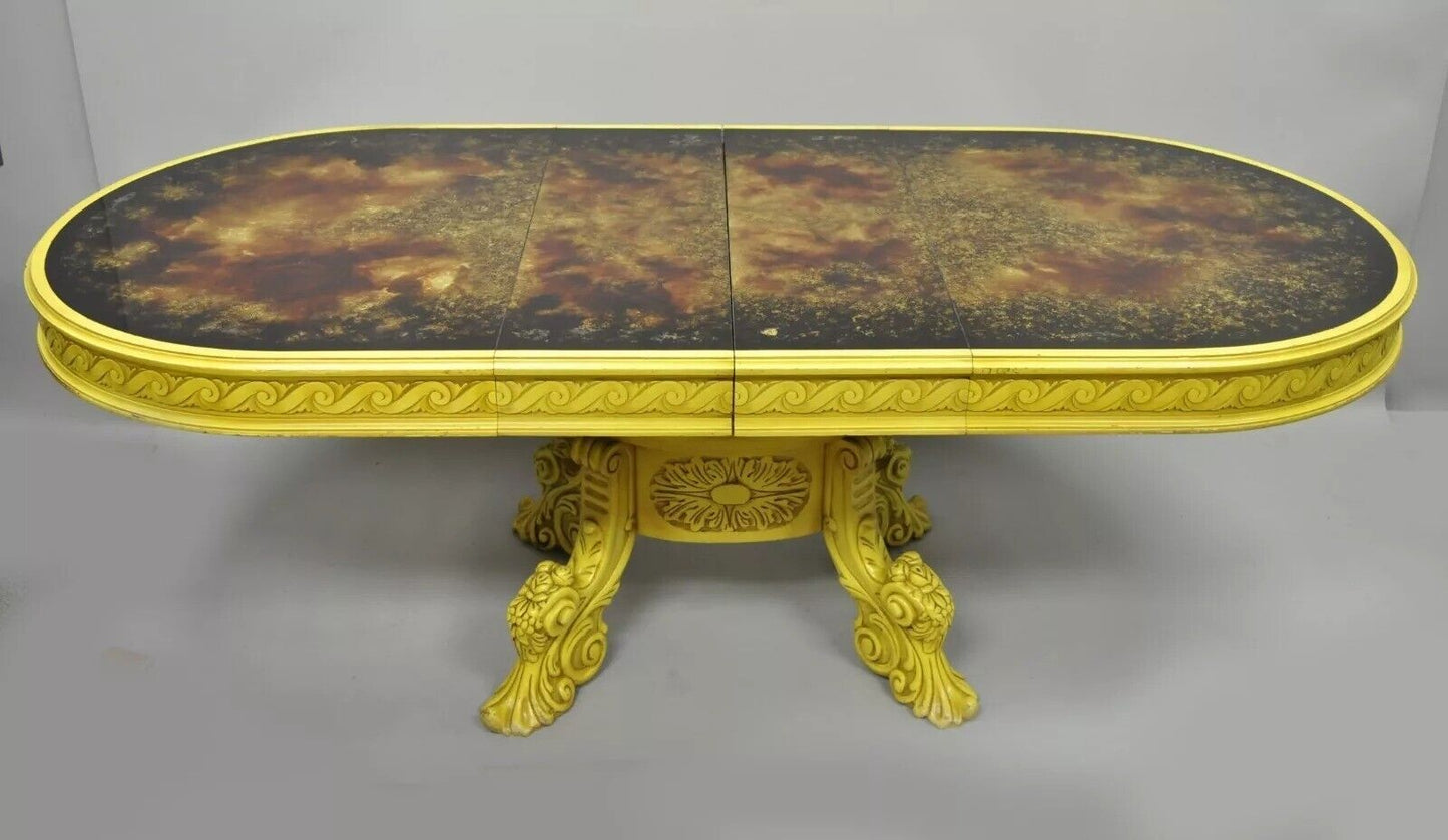 French Baroque Rococo Style Oval Eglomise Art Glass Top Yellow Dining Table