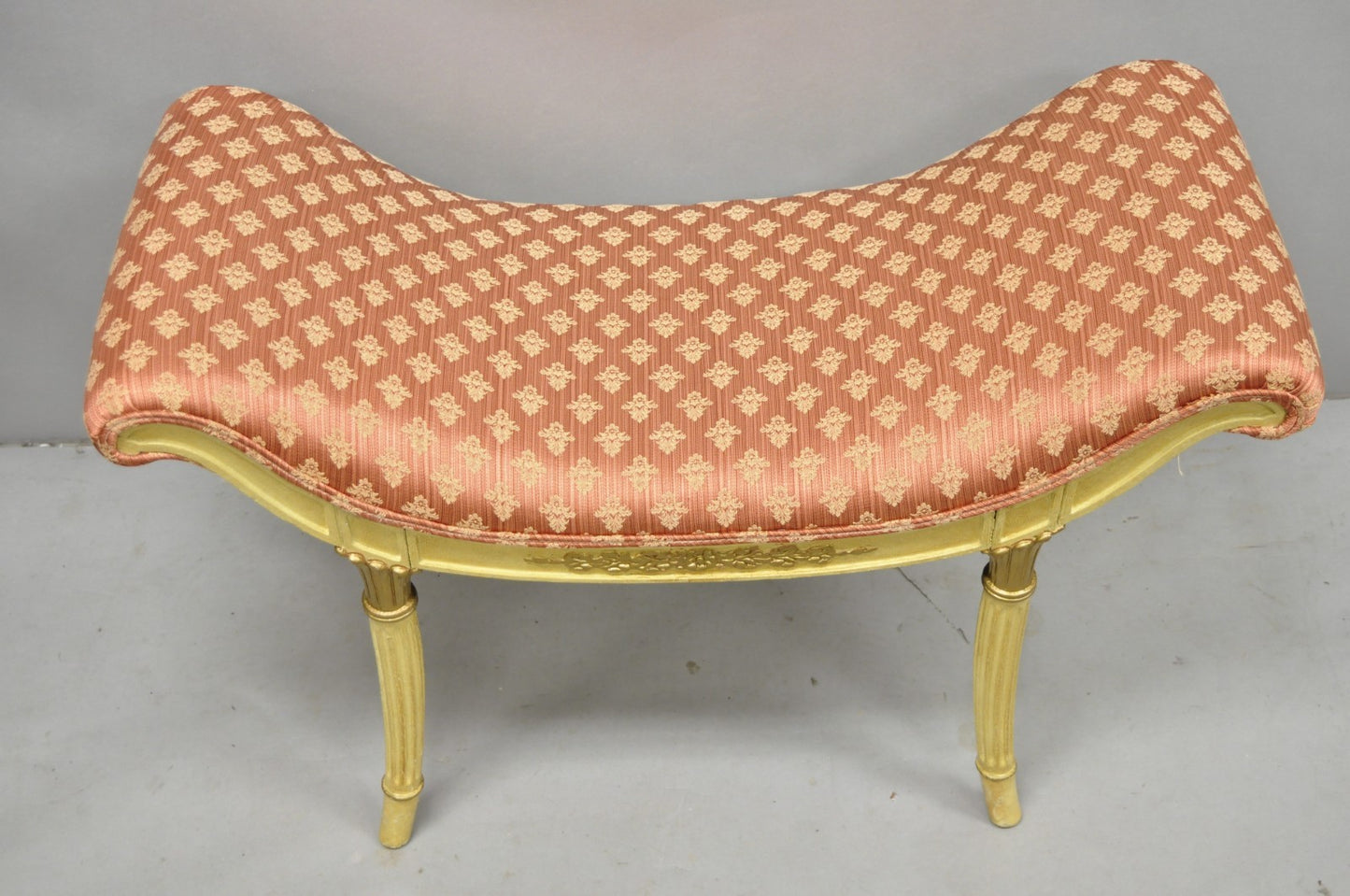 Vintage French Hollywood Regency Cream & Gold Wood Pink Waterfall Vanity Bench