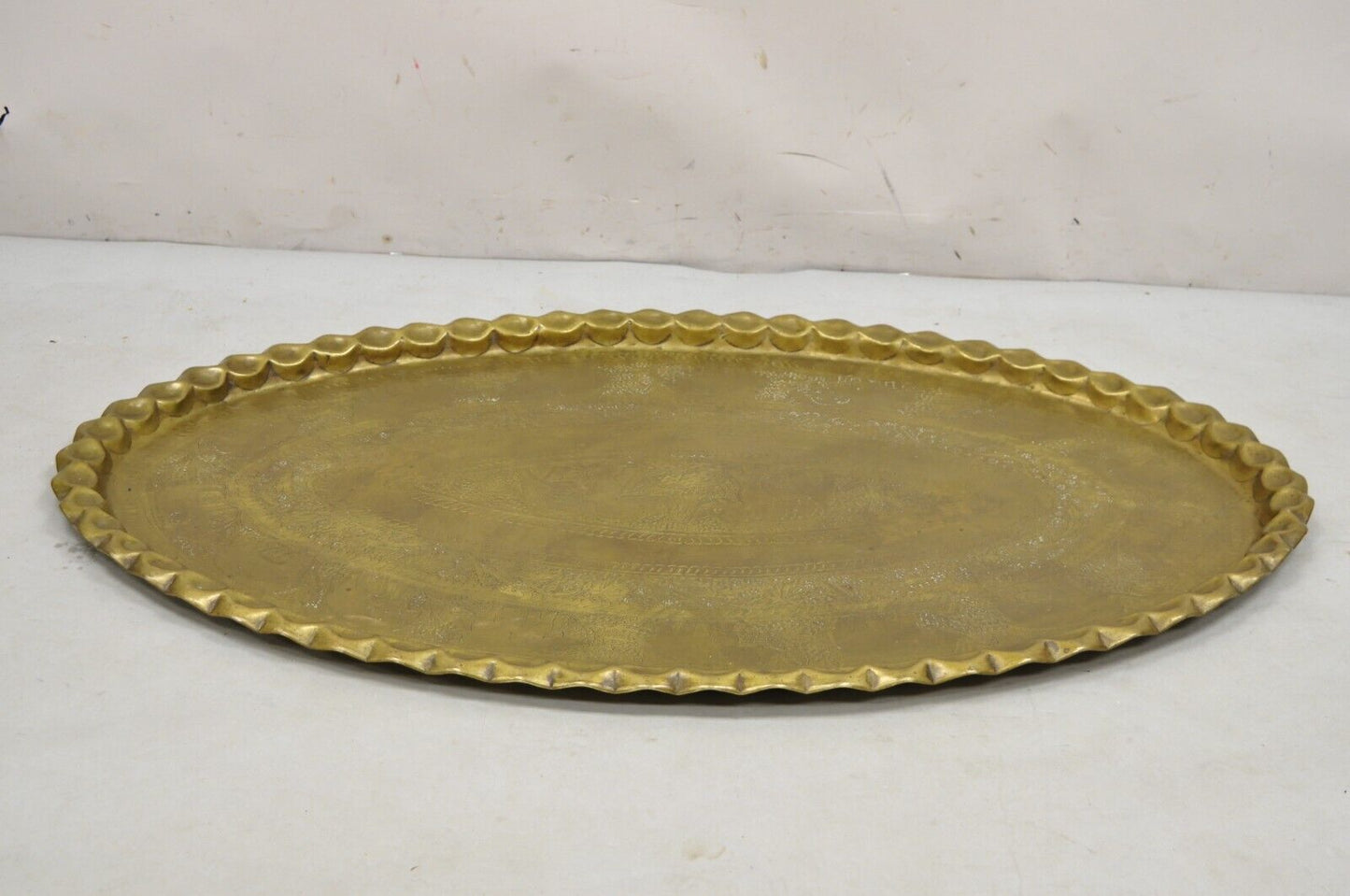 Vintage Moroccan Middle Eastern Large Brass Oval Elephant Engraved 46" Tray Top