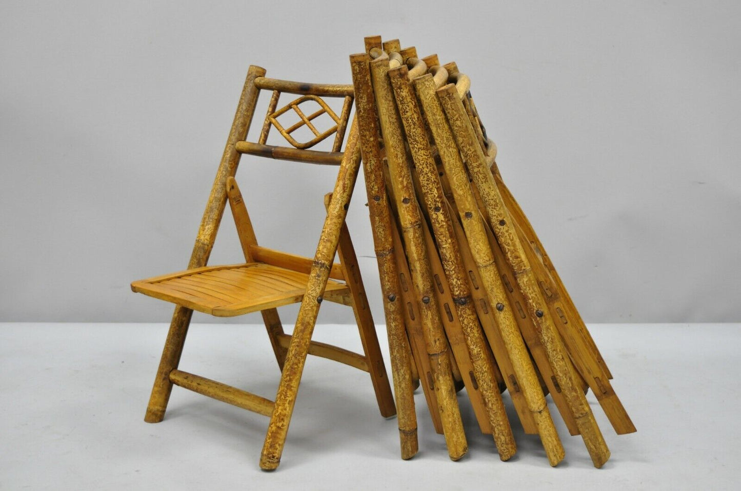 Vintage Hollywood Regency Tiki Children's Bamboo Folding Side Chairs - Set of 6