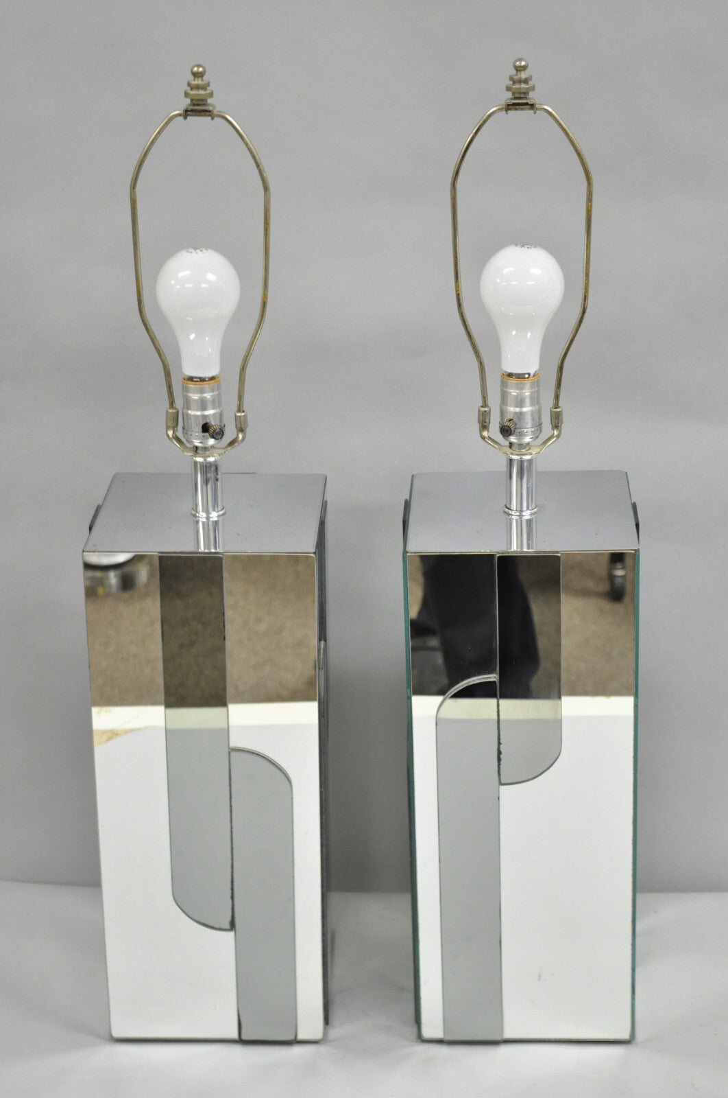 Vintage Mid Century Modern Mirror Skyscraper Cubist Table Lamps - a Pair