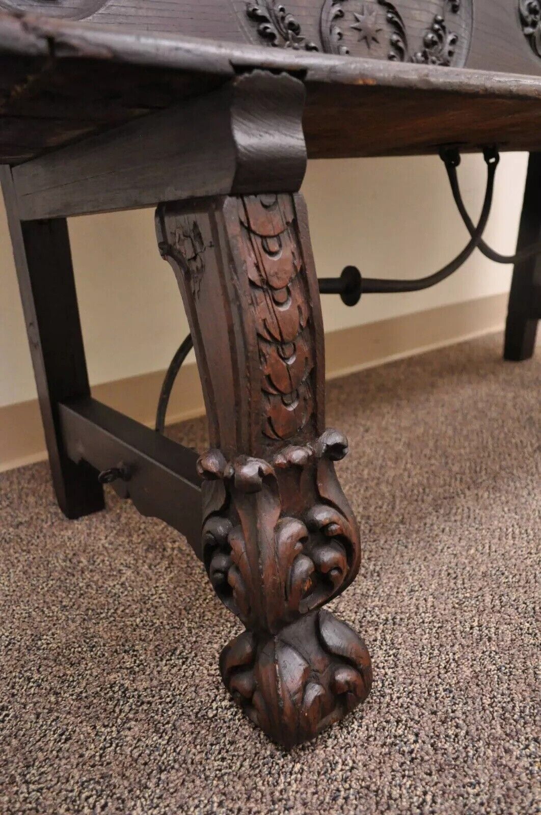 Antique 17th C. English Renaissance Carved Oak and Wrought Iron Bench Banquette