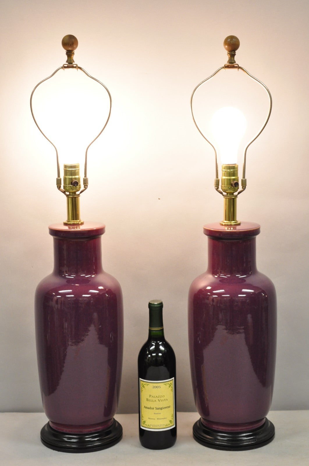 Vintage Chinoiserie Plum Purple Ceramic Porcelain Jardiniere Table Lamps - Pair