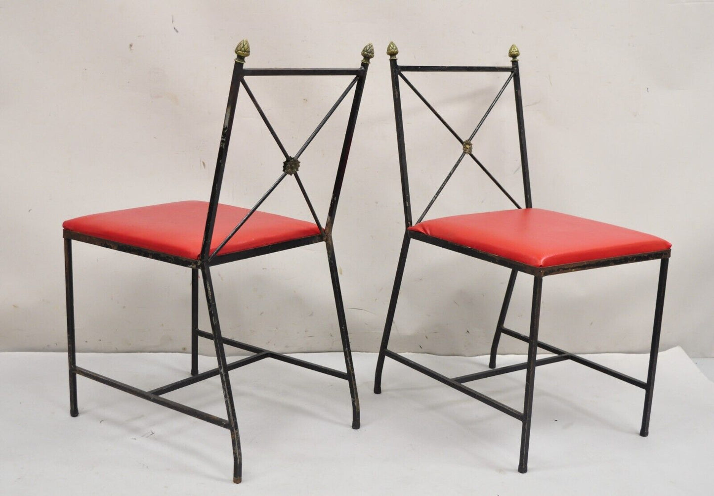 Vintage Italian Directoire X-Back Wrought Iron Acorn Finial Dining Set - 7 Pcs