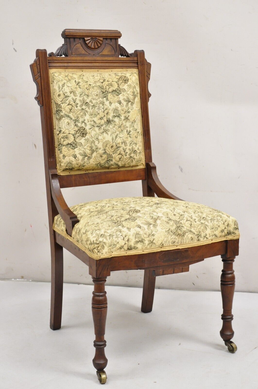 Antique Eastlake Victorian Carved Walnut Parlor Side Chair with Floral Tapestry