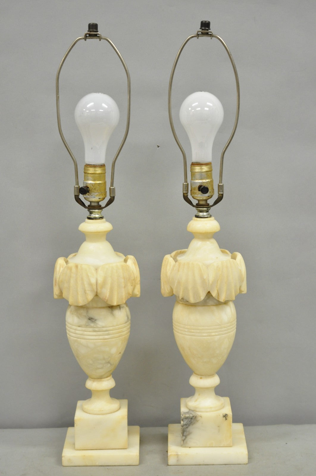 Antique Italian Neoclassical Style Carved Marble Shell Urn Table Lamps - a Pair
