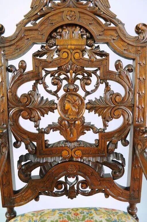 Antique Italian Renaissance Figural Bird & Lion Carved Walnut Throne Chair