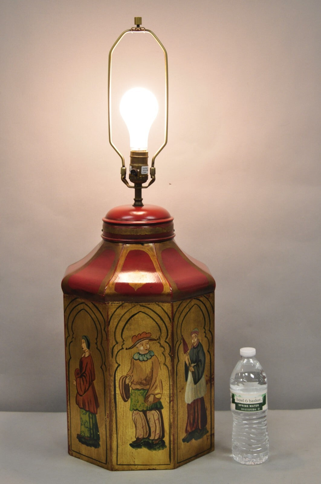 Vintage Chinoiserie Red Tole Metal Tea Canister Table Lamp by Vaughan Design Ltd