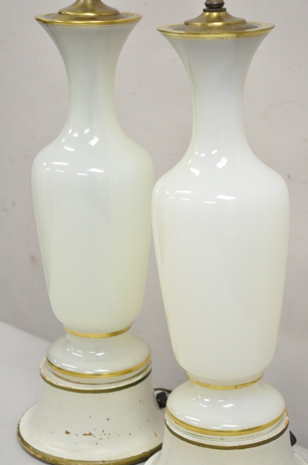Vintage French Neoclassical Style Opaline Vaseline Glass Table Lamps - A Pair