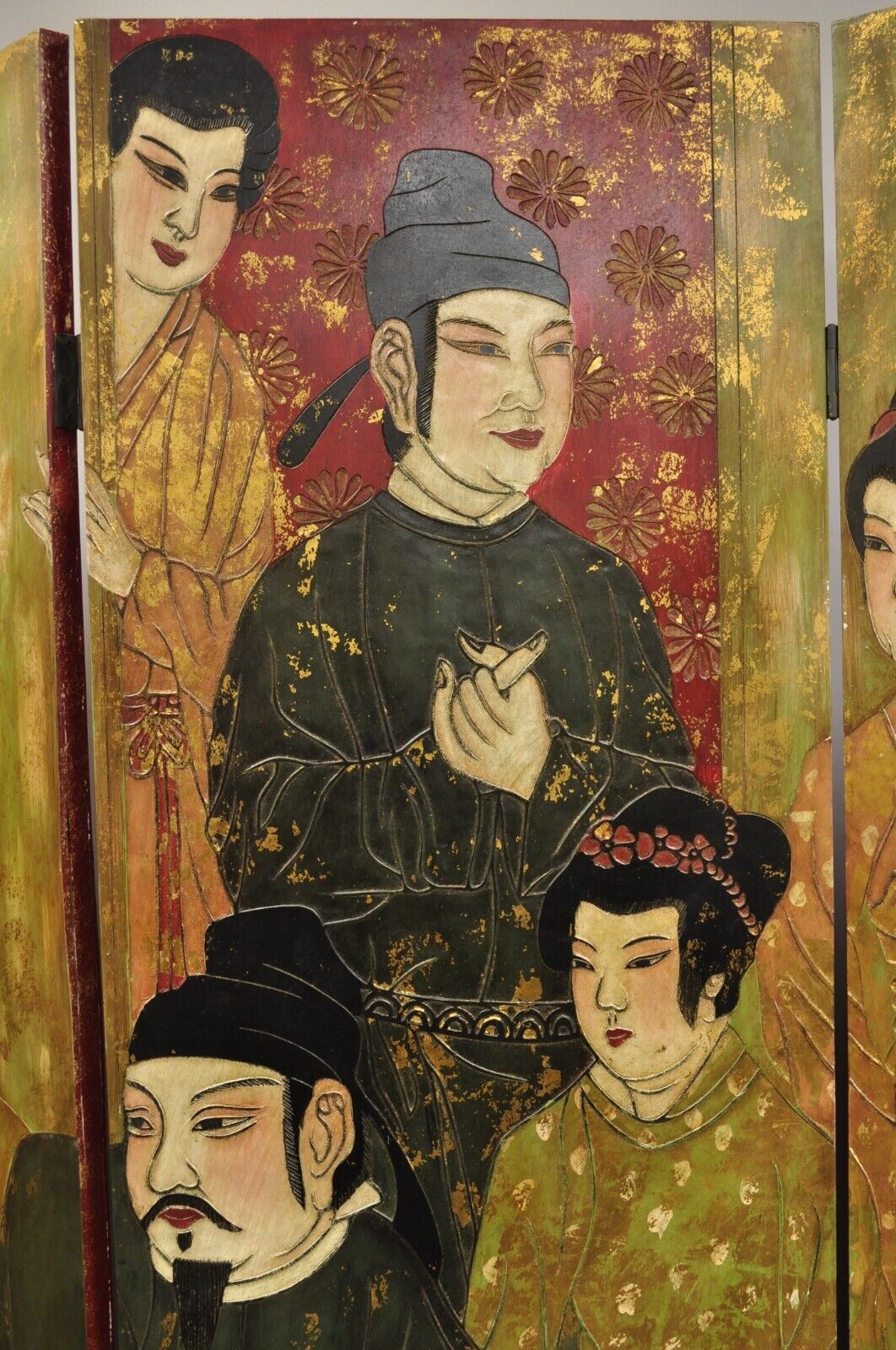 Large Chinoiserie Chinese 6 Panel Figural Red Folding Screen Room Divider