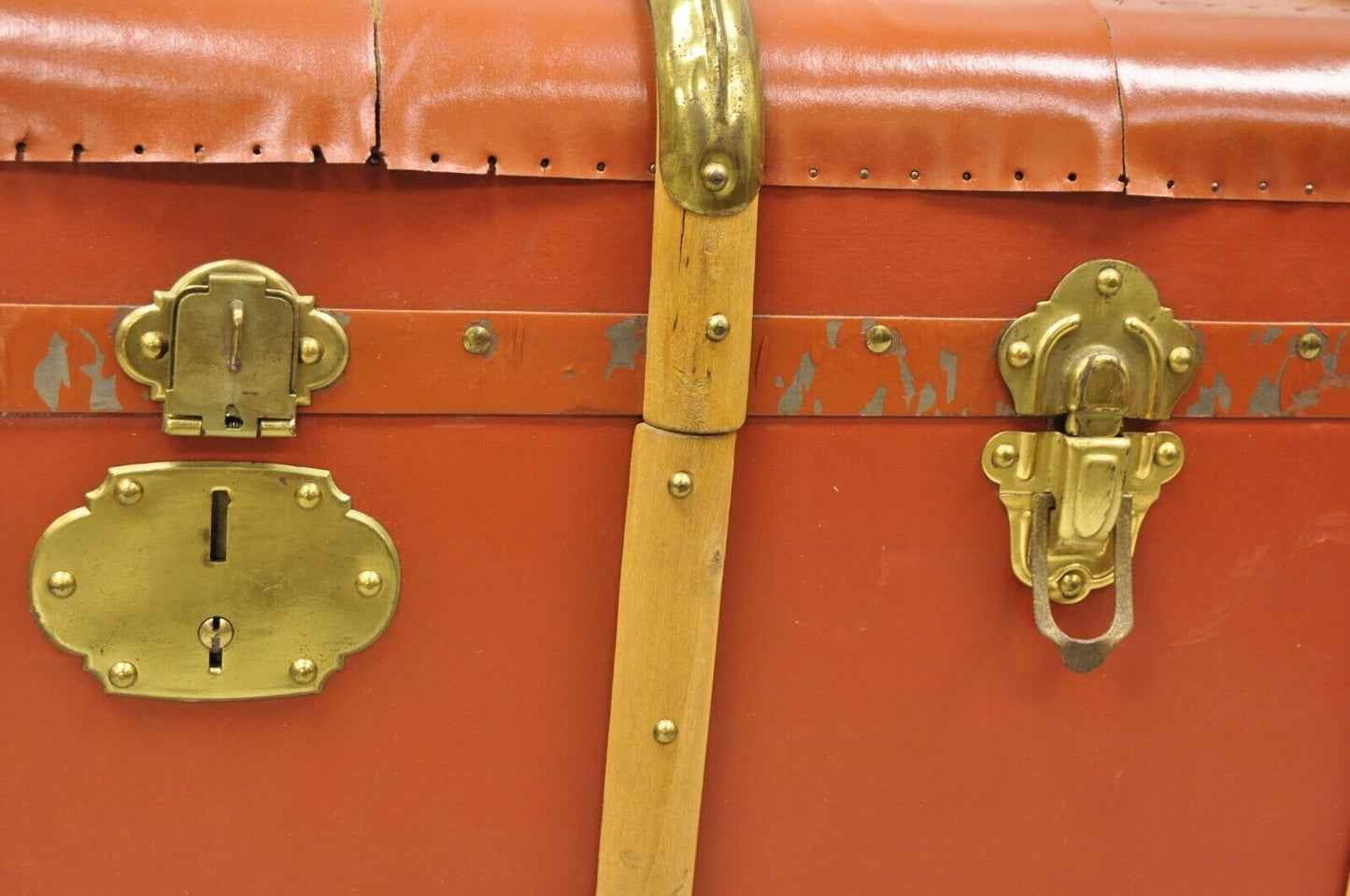 Antique Wooden Band Large Steamer Trunk Orange Ship Trunk Cunard Line Decals