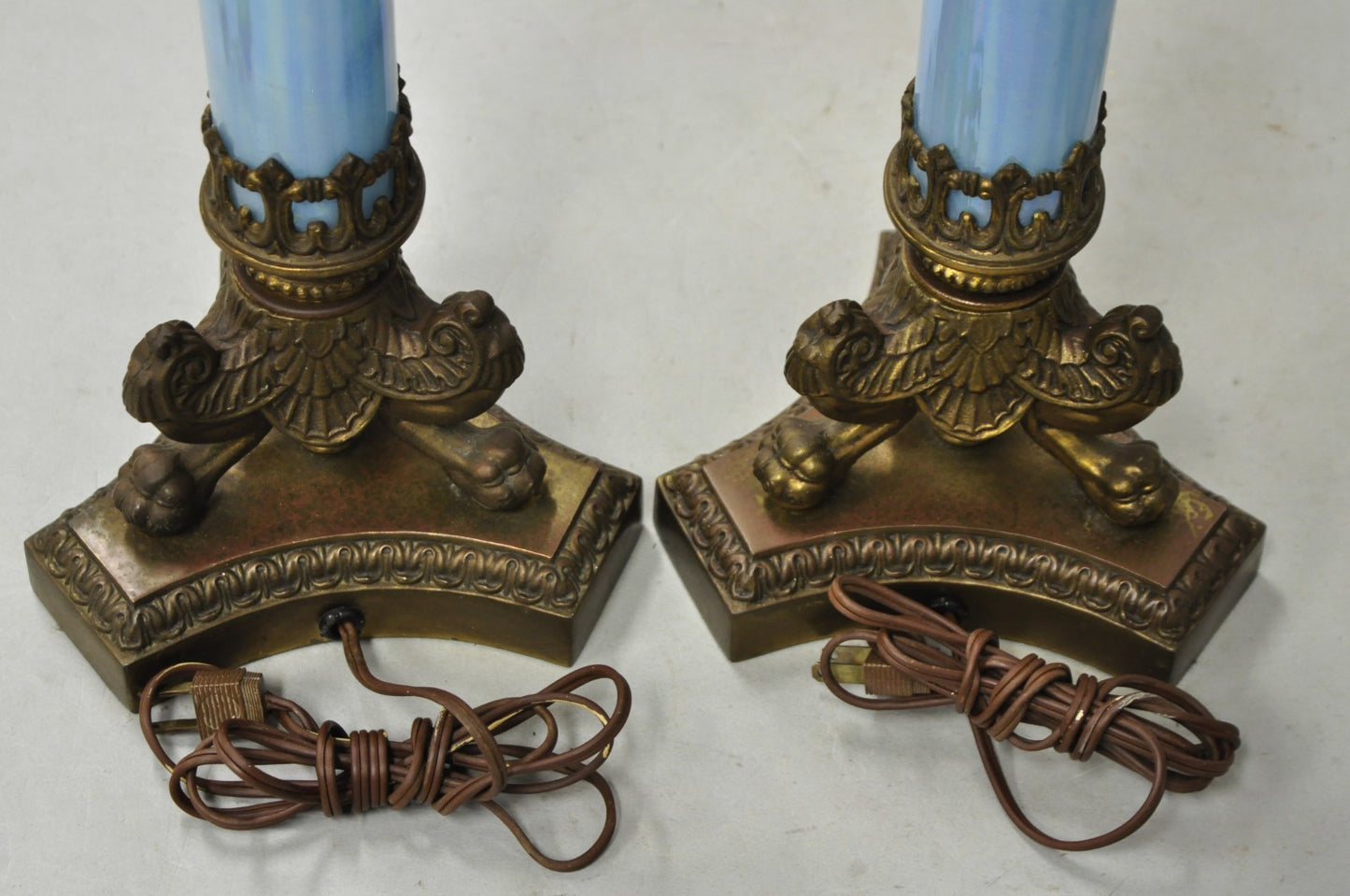 Vintage Italian Neoclassical Empire Iridescent Blue Glass Column Table Lamp Pair