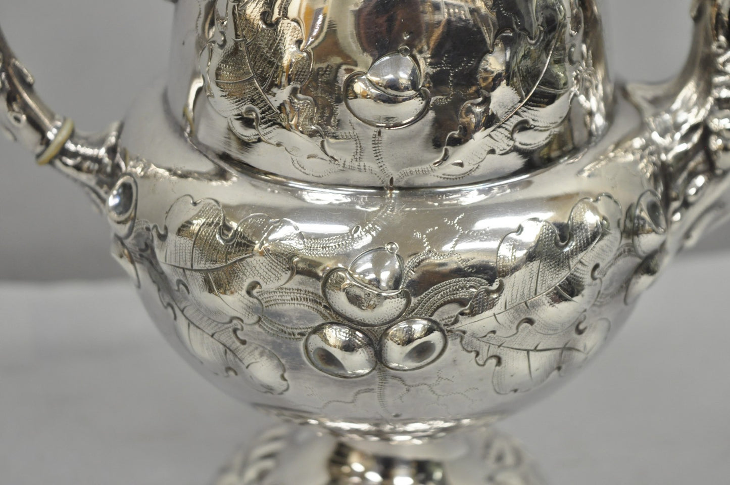 Antique Art Nouveau Silver Plated Nuts & Vines Repousse Tea Pot Tea Kettle