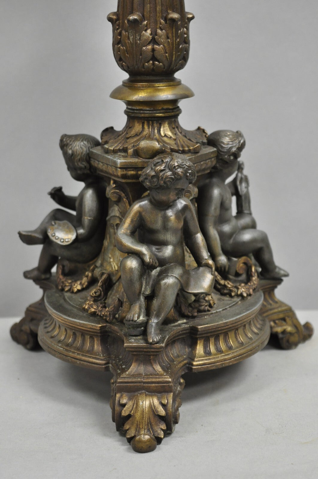 Antique French Empire Renaissance Gilt Metal & Glass Cherub Table Lamps a Pair