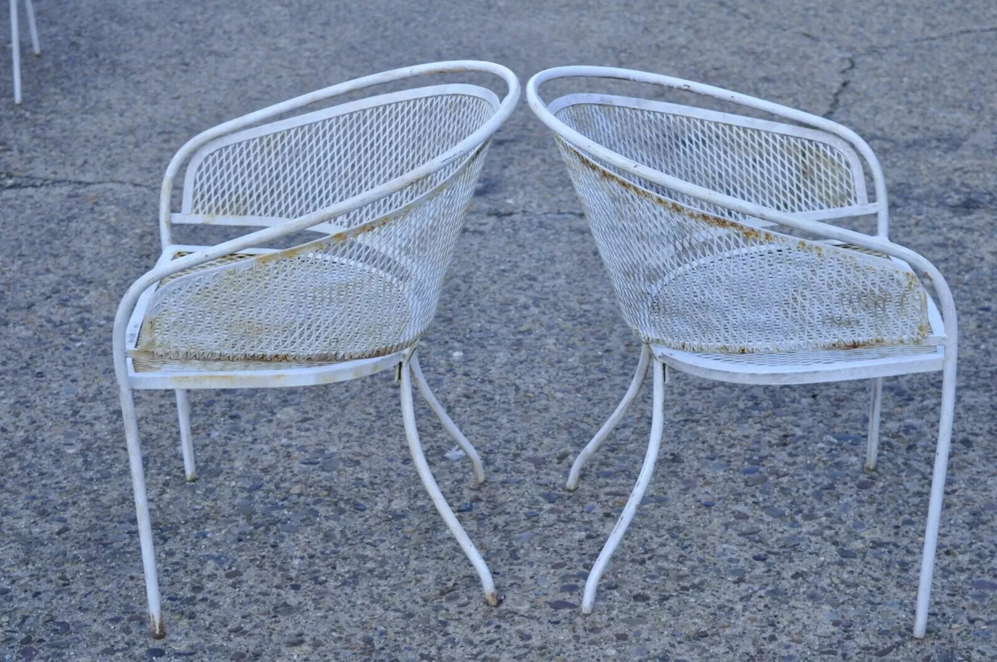 Vintage Mid Century Wrought Iron Barrel Back Patio Dining Arm Chairs - Set of 6