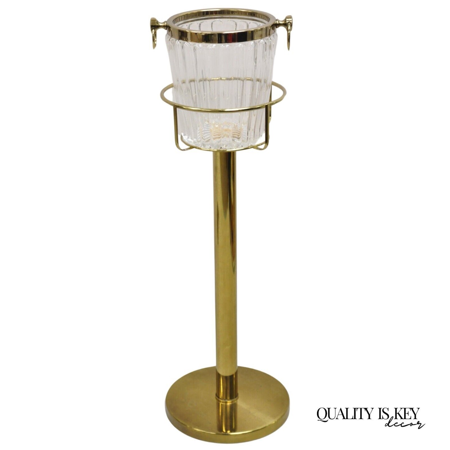 Hollywood Regency Modern Brass Glass Champagne Wine Chiller Ice Bucket on Stand
