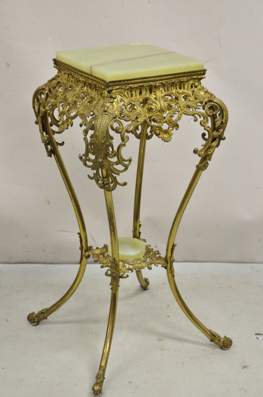 Antique Victorian Onyx Ornate Gilt Brass Plant Stand Pedestal Side Table