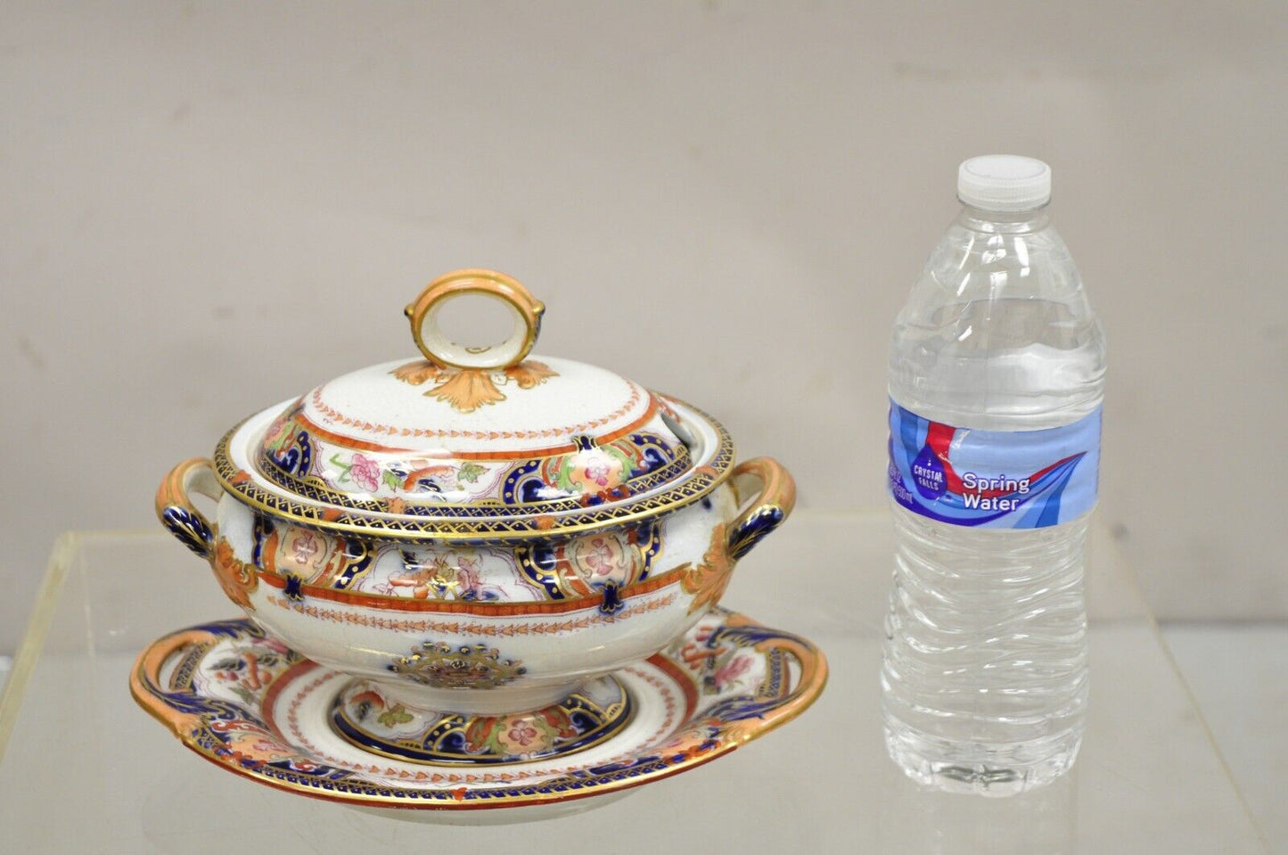 Antique English Ironstone Diamond Patent Covered Sauce Tureen with Underplate