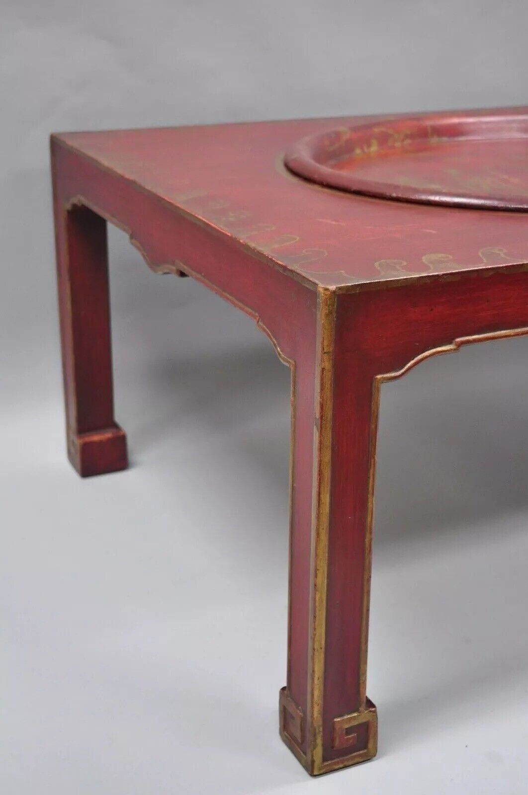 Vintage Chinoiserie Red Oriental Coffee Table with Tole Metal Serving Tray Top