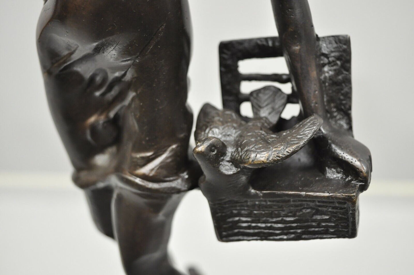 Bronze Sculpture Woman w/ Birds & Basket 15" Statue Figure After Emile Guillemin
