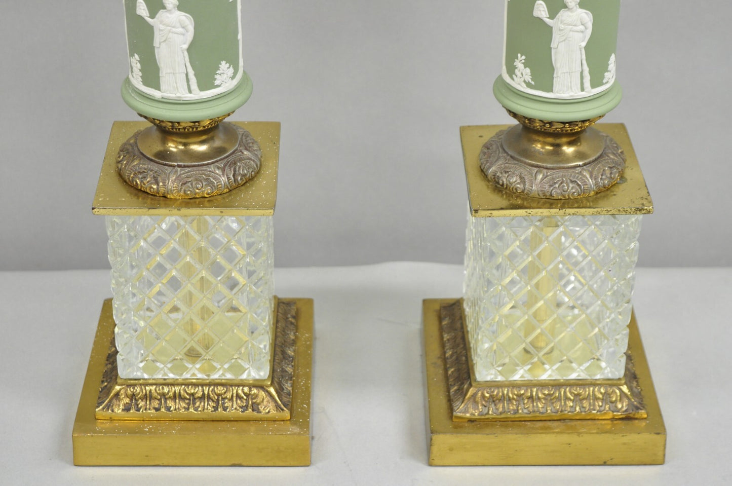 Vintage French Neoclassical Green Jasperware Candelabra Table Lamps - a Pair