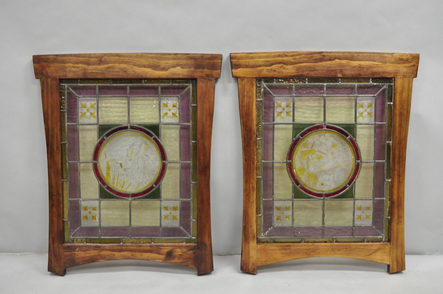 Antique French Art Nouveau Stained Leaded Glass Windows with Birds - a Pair