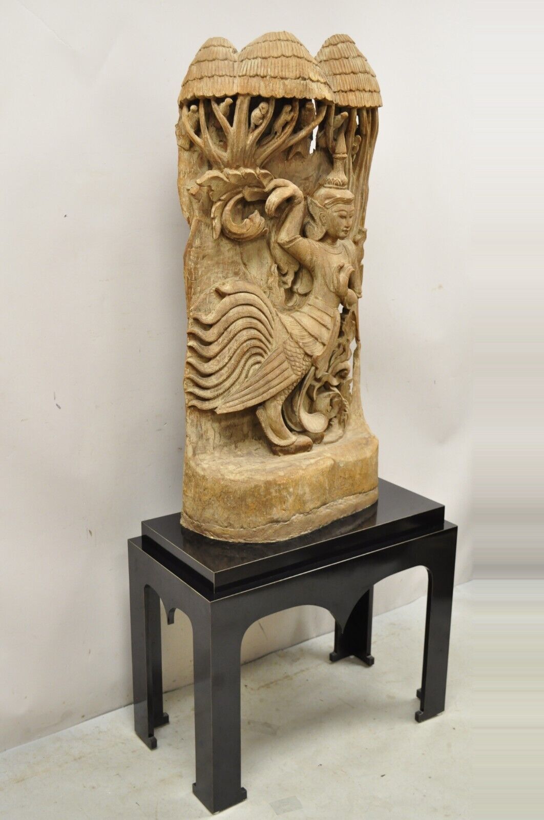 Vintage Burmese Carved Wood Oriental Large Figural Statue Sculpture on Base